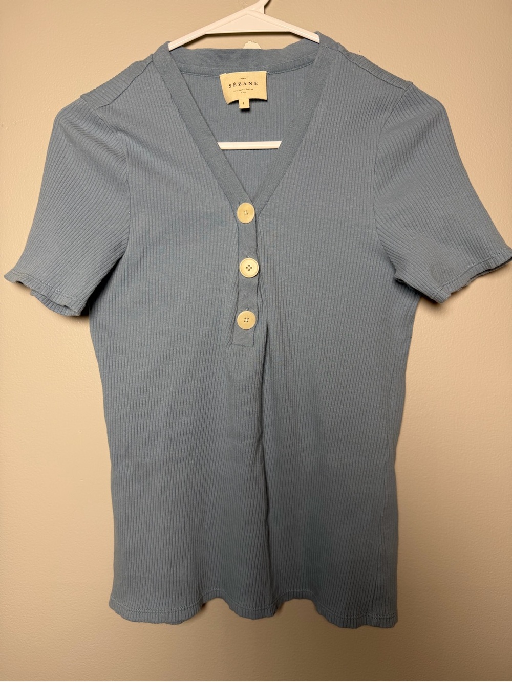 Sézane Ribbed Button-Front Top | Size L | Blue - Picture 2 of 7